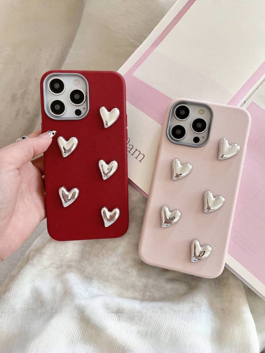 Minimalist Style Girly Phone Case | Red/Pink, With 5 Electroplated 3D Heart Decorations | Cute Heart Theme Design | Scratch-Resistant, Anti-Fall | Compatible With IPhone 17/17 Air/17 Pro/17 Pro Max, 16-11/Pro/Pro Max/Plus, S20-S25/Ultra/FE/Plus/Ultra, Redmi, Simple Ins Style - Pink - View 1