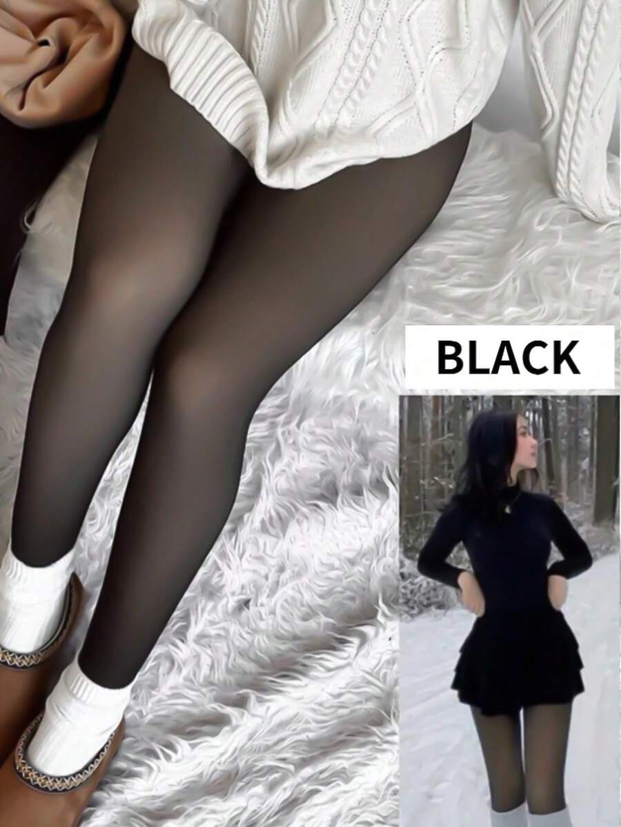 1件装女士冬季保暖假透明连裤袜，加厚保暖内衬，舒适保暖。 - 黑色 - 查看 1