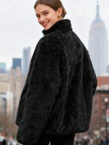 Autumn And Winter Fashion Women's Zipper Plush Solid Color Jacket - màu đen - Xem 5