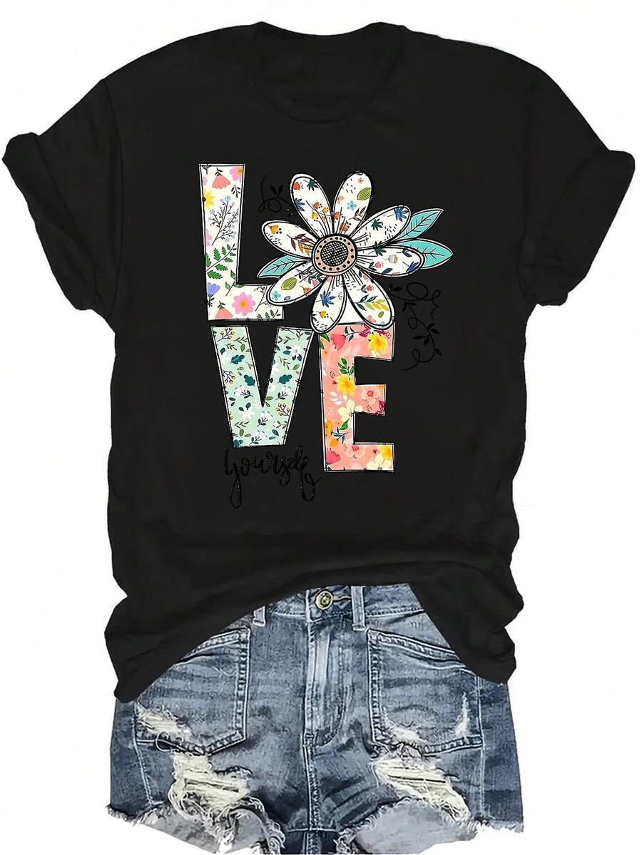 [Camiseta de Moda Casual] Camiseta de Mujer Suave y Cómoda - Camiseta de Manga Corta con Cuello Redondo y Estampado Floral "Ámame a Mí Misma", Regalo Perfecto para Abuela y Mamá, Uso Casual de Primavera y Verano - Negro - Ver 1