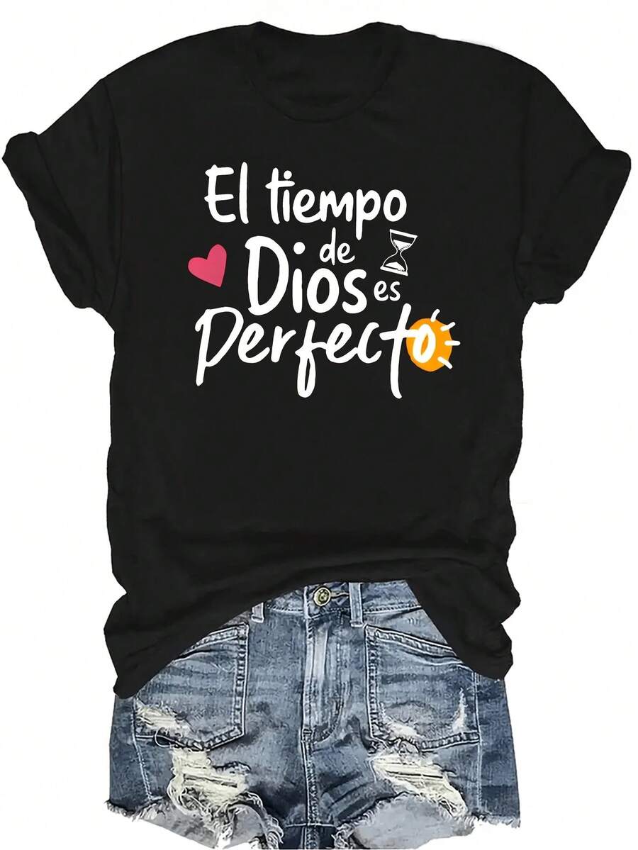 [Camiseta de moda casual] Camiseta suave y cómoda para mujer - Diseño casual de manga corta y cuello redondo con estampado "El tiempo de Dios es perfecto", regalo perfecto para la abuela y la mamá, uso casual de primavera y verano - Negro - Ver 1