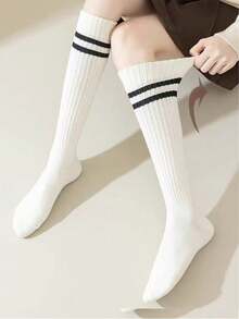 1 Pair Women's Striped Mid-Calf Socks, Retro Style Ribbed Socks, Warm Long Socks For Autumn/Winter, Multi-Color Versatile Knit Socks - Multicolor - View 2