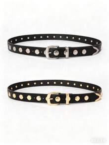 1pc Women's Gold/Silver Punk Y2K Round Rivet Buckle Belt, Versatile Accessory Belt For Daily Wear - Multicolor - View 1