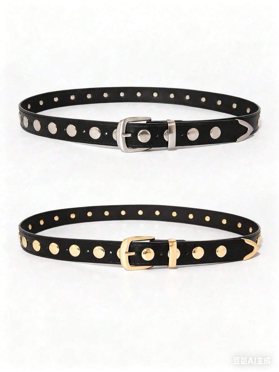 1pc Women's Gold/Silver Punk Y2K Round Rivet Buckle Belt, Versatile Accessory Belt For Daily Wear - Multicolor - View 1
