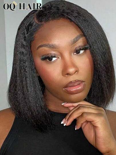 OQ Hair Wear & Go Glueless Wig Natural Black Kinky Straight Bob Hair Wig 7x5 Pre-Cut Transparent Lace Front Wig 180% Density 10-16 Inch Pre-Plucked Hairline Daily Use Fashion Styles Gifts Sport Travel Festival Free Gifts Christmas Halloween Travel Essentials Y2K Turn Up Baddie Holiday Vacation For Women
