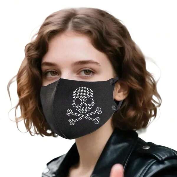 Mascarilla de moda para mujer, ligera y transpirable, con diseño 3D de calavera y strass - Ajuste elástico para uso diario, fiestas, conciertos y eventos al aire libre - Negro (lavar a mano y limpiar en seco)