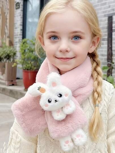 Cartoon Rabbit Plush Scarf For Children Aged 2-12 - Polyester Knitted Fabric, Warm Winter Neckband For Boys And Girls, Cute Cartoon Pattern, Soft And Comfortable Christmas Scarf Gift