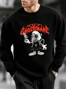 Men's Gothic Graphic Crew Neck Sweatshirt - White With Black & Orange Ghostface Print, Lettering & Chains Design - Casual Pullover Long Sleeve Shirt For Casual Attire, Machine Washable Comfort Fit For Concerts & Themed Events,Fall Hoodies,Men's Fall Clothes,Street Wear,Halloween,Mens Hoodies,Y2k Clothes,Jesus Hoodie,Thanksgiving Day,Nightmare Before Christmas,Christmas - 黑色 - 查看 1