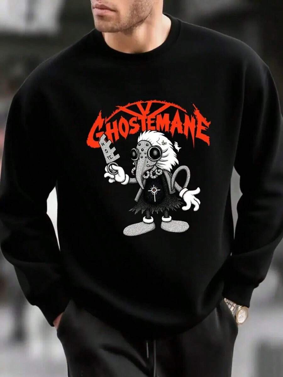 Men's Gothic Graphic Crew Neck Sweatshirt - White With Black & Orange Ghostface Print, Lettering & Chains Design - Casual Pullover Long Sleeve Shirt For Casual Attire, Machine Washable Comfort Fit For Concerts & Themed Events,Fall Hoodies,Men's Fall Clothes,Street Wear,Halloween,Mens Hoodies,Y2k Clothes,Jesus Hoodie,Thanksgiving Day,Nightmare Before Christmas,Christmas - 黑色 - 查看 1