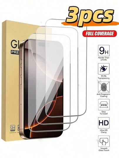 3pcs Phone Screen Protector With Tempered Glass, Compatible With IPhone 17 ProMax/17 Pro/17 Air/17/16 Pro Max/16 Pro/16 Plus/16/15/15Plus/15Pro/15Pro Max/14/14Plus/14Pro/14Pro Max/13/13Mini/13Pro/13Pro Max/12/12Mini/12Pro/12Pro Max/11/11Pro/11Pro Max/X/XS/XS Max/8/8Plus/7/7Plus/ Screen Protectors