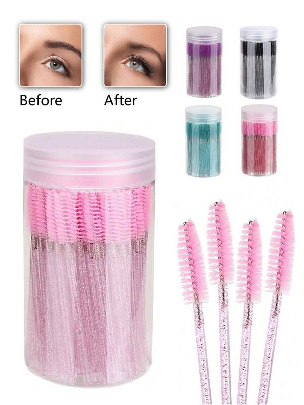 500/100/50 Stücke Einweg-Kristall-Rosa Wimpernbürsten - biegsame Maskara-Bürsten mit Behälter, professionelle Spoolies für Wimpernverlängerung, Augenbrauen-Pflege & Rizinusöl-Anwendung