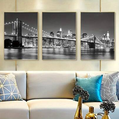 3 piezas de póster de lienzo sin marco, pintura del paisaje urbano de Nueva York en blanco y negro, arte de pared de lienzo, pintura artística para regalo, dormitorio, oficina, sala de estar, cafetería, bar, decoración de pared, hogar y decoración de dormitorio