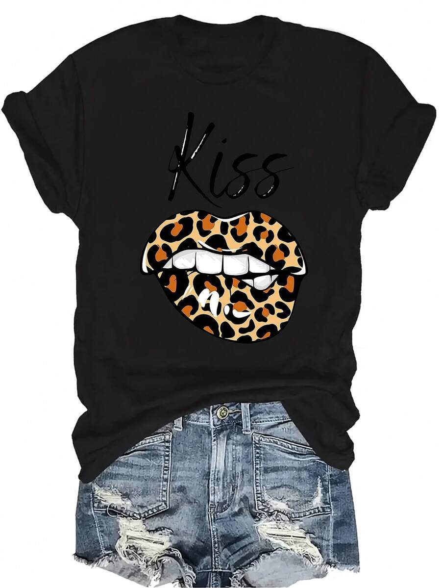 [Camiseta de Moda Casual] Camiseta de mujer suave y cómoda - Estampado de labios de leopardo Casual de manga corta y cuello redondo, regalo perfecto para la abuela y la mamá, uso casual de primavera y verano - Negro - Ver 1