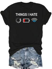 [Camiseta de Moda Casual] Camiseta de Mujer Suave y Cómoda - Batería Baja, Cargando, Problemas de WiFi Casual de Manga Corta Cuello Redondo, Regalo Perfecto para Abuela y Mamá, Uso Casual de Primavera Verano - Negro - Ver 1
