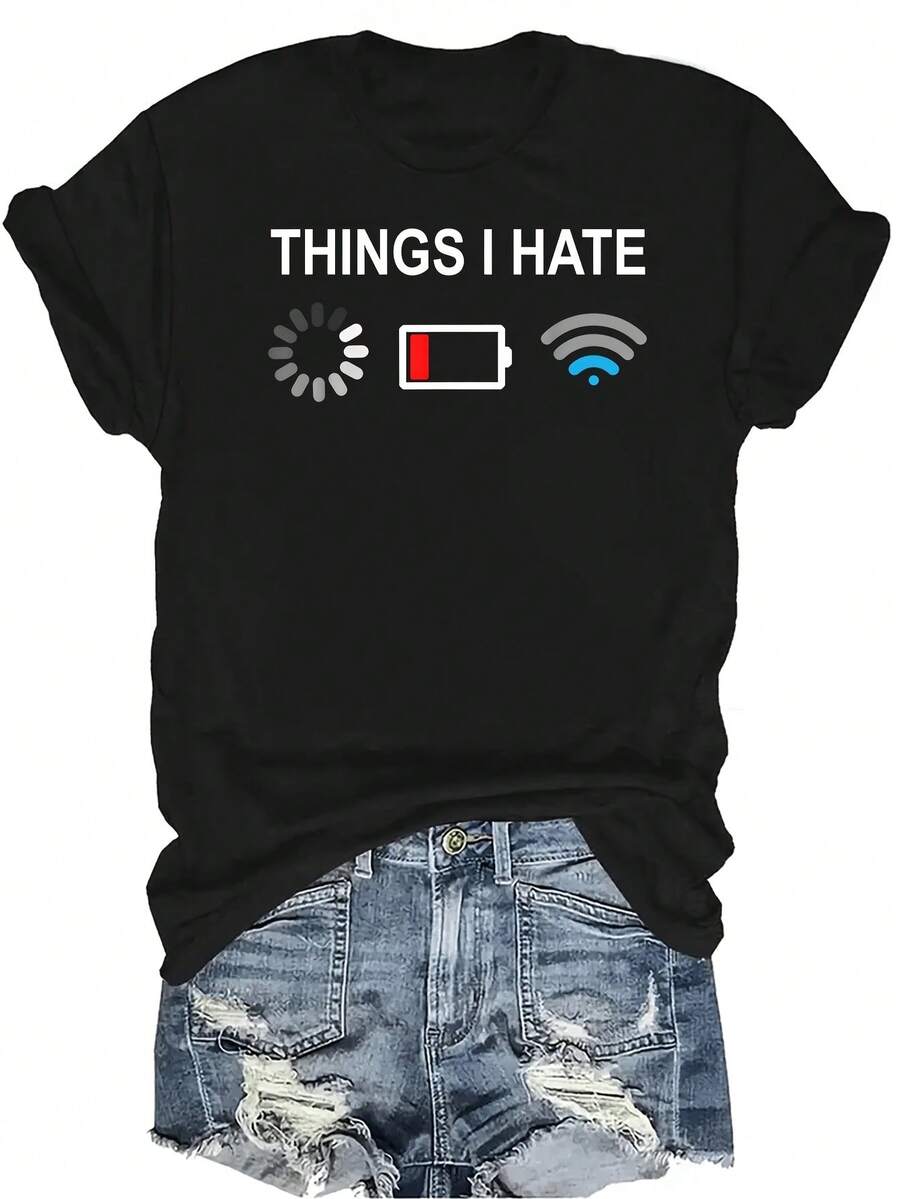 [Camiseta de Moda Casual] Camiseta de Mujer Suave y Cómoda - Batería Baja, Cargando, Problemas de WiFi Casual de Manga Corta Cuello Redondo, Regalo Perfecto para Abuela y Mamá, Uso Casual de Primavera Verano - Negro - Ver 1
