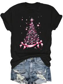 [Camiseta de Moda Casual] Camiseta de mujer suave y cómoda - Camiseta de cuello redondo de manga corta con árbol de Navidad de brillo rosa, regalo perfecto para la abuela y la mamá, uso casual de primavera y verano - Negro - Ver 1
