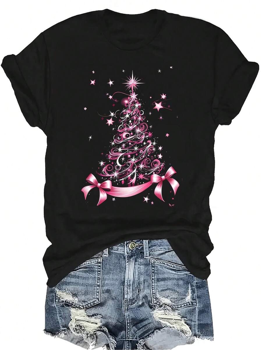 [Camiseta de Moda Casual] Camiseta de mujer suave y cómoda - Camiseta de cuello redondo de manga corta con árbol de Navidad de brillo rosa, regalo perfecto para la abuela y la mamá, uso casual de primavera y verano - Negro - Ver 1