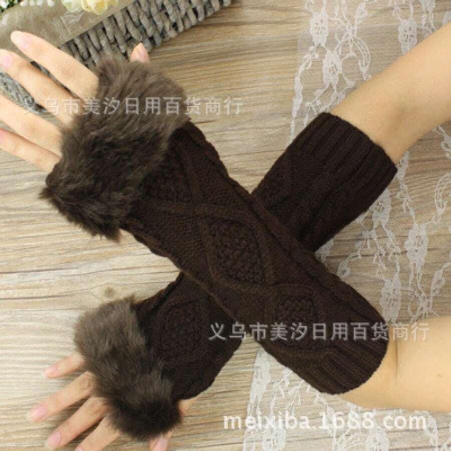 Korean Version Of Autumn And Winter Medium And Long Imitation Rabbit Fur, Wool Gloves, Driving And Riding Twist Knitted Arm Cover Wholesale - Rỉ Nâu - Xem 1