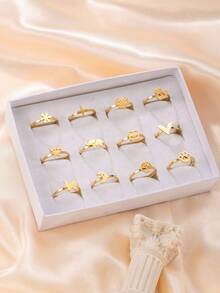 3/6/12pcs Fashionable & Cute Butterfly, Heart, Flower Multi-Element Ring Set, Suitable For Teenagers Boys And Girls Daily Wear (Random Styles, Random Sizes, No Gift Box)