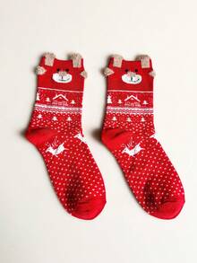 6 双女士圣诞老人、雪人、驯鹿红色圣诞中筒袜，适合圣诞节装扮 - 紅色 - 查看 8