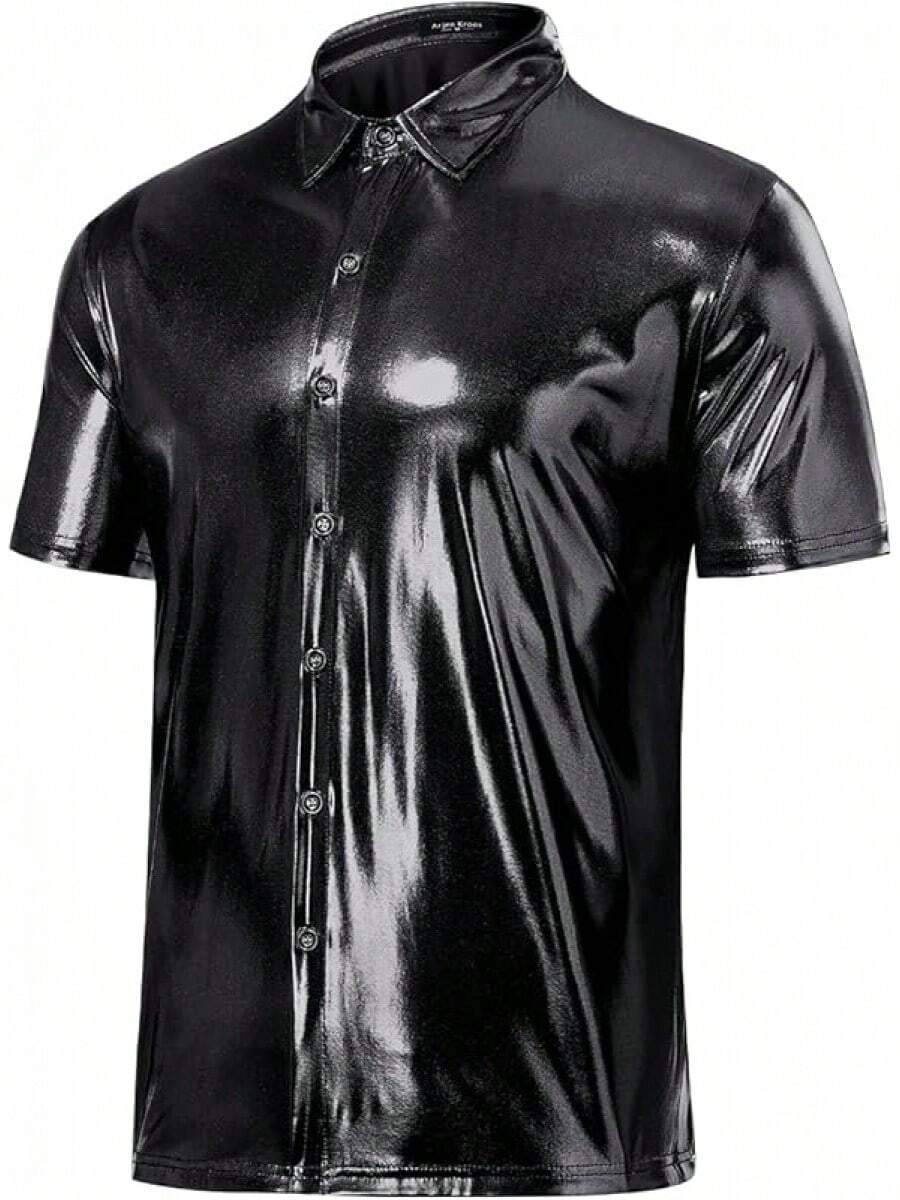 Mens Sequin Top 70s Outfit Disco Rave Party Collared T-Shirt Short Sleeve Breathable Metallic Shirthalloween - Hitam - View 1