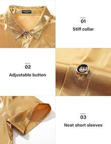 Mens Sequin Top 70s Outfit Disco Rave Party Collared T-Shirt Short Sleeve Breathable Metallic Shirthalloween - 金色 - 查看 11