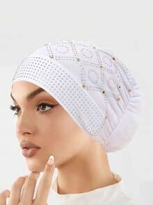 1pc Fashionable Crystal Embellished Linen Headscarf/Hijab Cap For Women, Muslim Underscarf Headwear