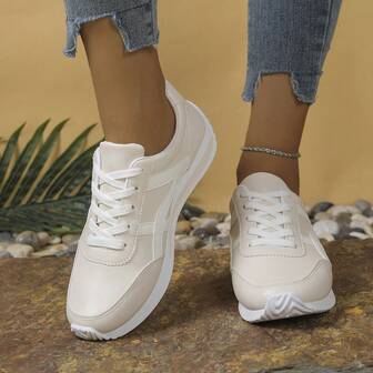 休闲百搭女鞋，纯色运动 PU 皮革系带运动鞋，适合室内穿着