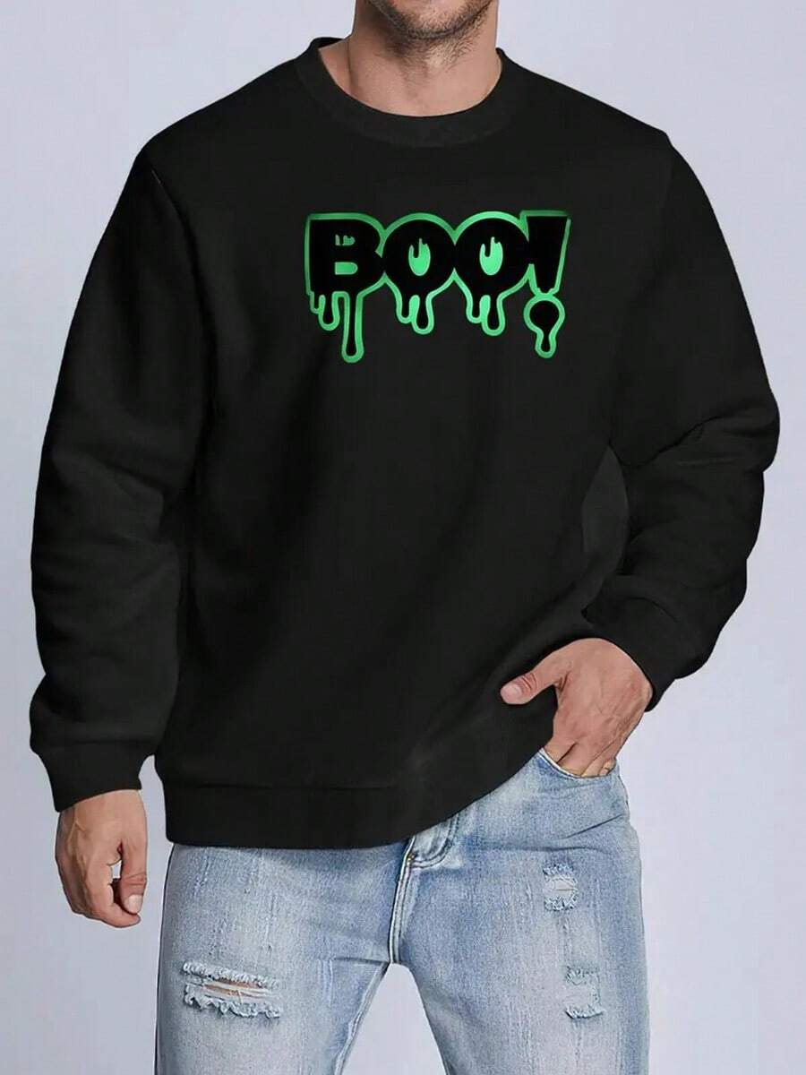 Men's Casual BOO Print Sweatshirt - Stretch Fabric, Comfort Fit For Spring-Fall, Round Neck,Fall Hoodies,Men's Fall Clothes,Street Wear,Halloween,Mens Hoodies,Y2k Clothes,Jesus Hoodie,Thanksgiving Day,Nightmare Before Christmas,Christmas - màu đen - Xem 1