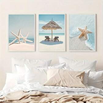 Ensemble de trois pièces Affiche de paysage de voyage encadrée avec étoiles de mer bleues sur canevas - Convient pour le salon et la décoration de la maison.