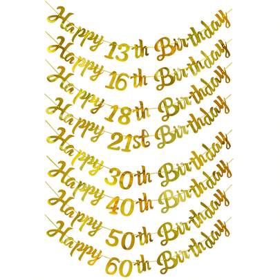 1pc Golden 13/16/18/21/30/40/50/60th Birthday Flag Hanging Decorations Anniversary Banner Happy Ornament Party Supplies