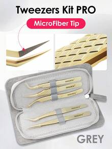 Seedew 一套睫毛嫁接镊子套装，5把金色镊子，可爱粉灰色收纳盒，专业睫毛嫁接工具，非磁性不锈钢化妆精密仪器 - 金色 - 查看 16