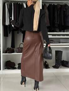 Women's Elegant High Waist Split Hem Solid Color Skirt, Suitable For Party In Autumn Spring - Coffee Brown - View 4