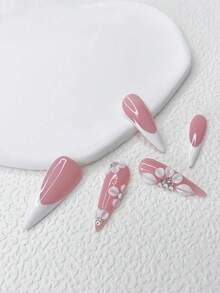 10Pcs Almond-Shaped Nails Y2K White French Style & Full Of Sparkling Rhinestones, 3D Flower Design Decoration, Ideal For Party And Daily Wear, Includes Tool Kit(1Pc Jelly Gel And 1Pc Nail File), Great As Gift For Women And Girls. Press On Nails Nail Supplies Nails - 彩色 - 查看 3
