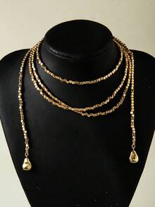 1pc Hiphop Asymmetrical Faux Pearl Beaded Chain Necklace For Women, Suitable For Everyday Wear, Party, Vacation As Jewelry Gift In Autumn/Winter - Gold - View 3