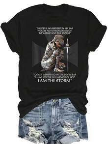 [Camiseta de Moda Casual] Camiseta de Mujer Suave y Cómoda - Camiseta de Manga Corta de Cuello Redondo Casual con el Lema "Armadura de Dios Fuerza", Regalo Perfecto para la Abuela y la Mamá, Uso Casual de Primavera y Verano - Negro - Ver 1