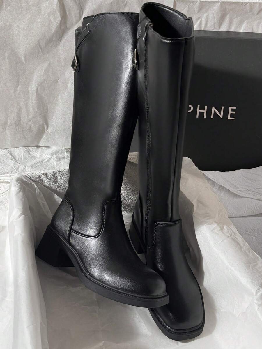 Fall/Winter Square Toe Chunky Heel Solid Color Elastic Slim Over-The-Knee Boots