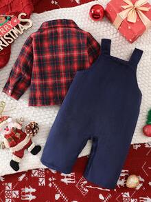 男童格子长袖衬衫和背带裤两件套，秋冬 - 紅色 - 查看 7