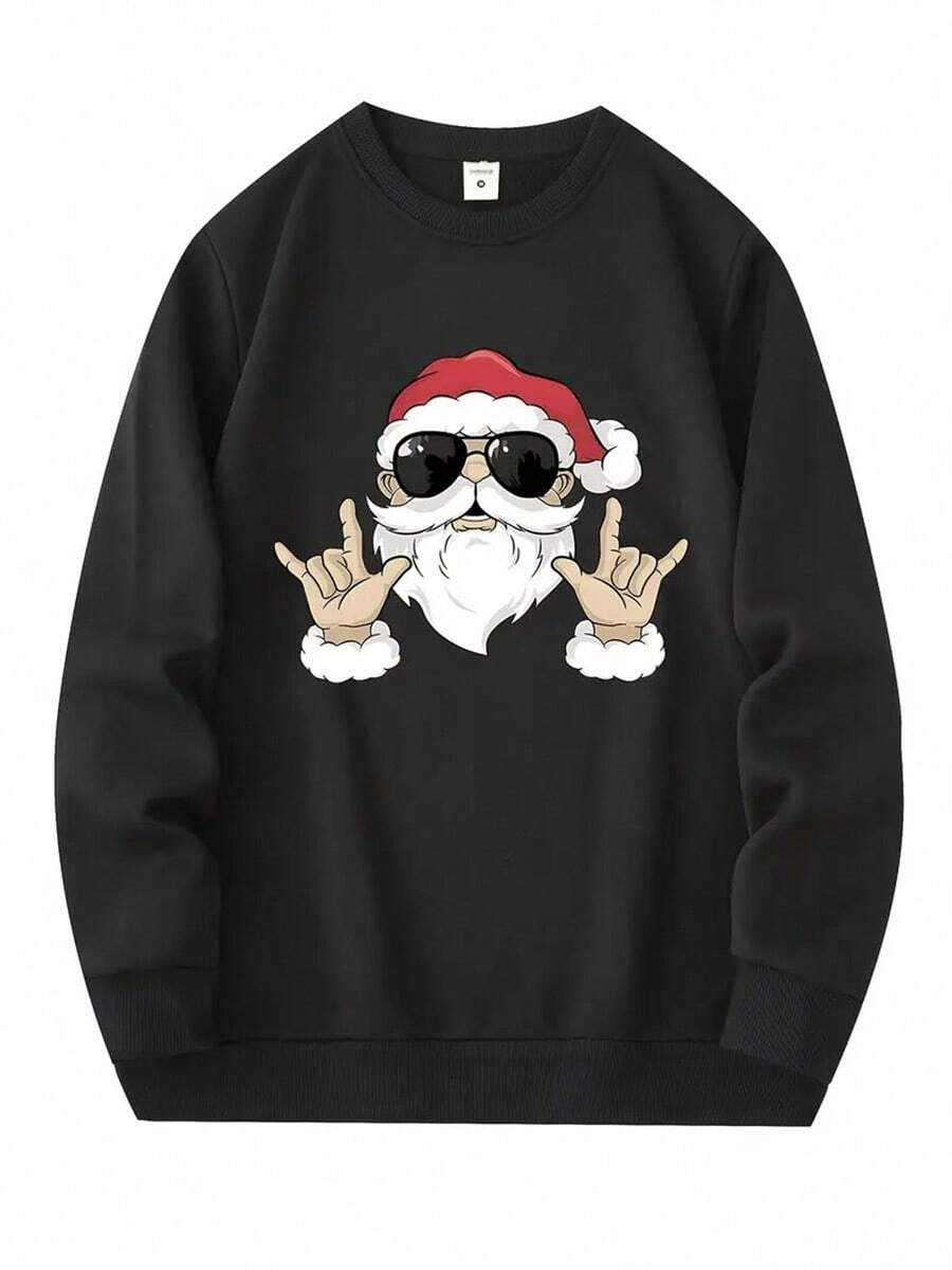 Autumn Winter Men's Funny Santa Claus Print Long Sleeve Loose Casual Top Round Neck Pullover Sweatshirt For Leisure Holiday Gifts,Fall Hoodies,Men's Fall Clothes,Street Wear,Halloween,Mens Hoodies,Y2k Clothes,Jesus Hoodie,Thanksgiving Day,Nightmare Before Christmas,Christmas - Black - View 1