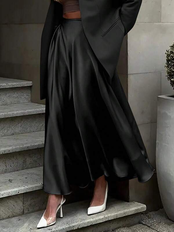 Women's Elegant A-Line Flared Skirt, Solid Color, High-End Business Casual Skirt, Romantic Minimalist Fashion Skirt For Holidays And Parties