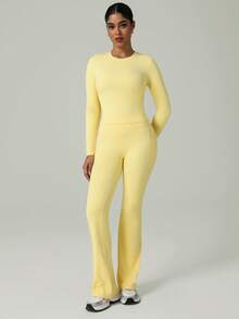 两件套女士健身服，秋季圆领修身高弹长袖瑜伽上衣和高腰喇叭瑜伽裤，带口袋 - 黃色 - 查看 6