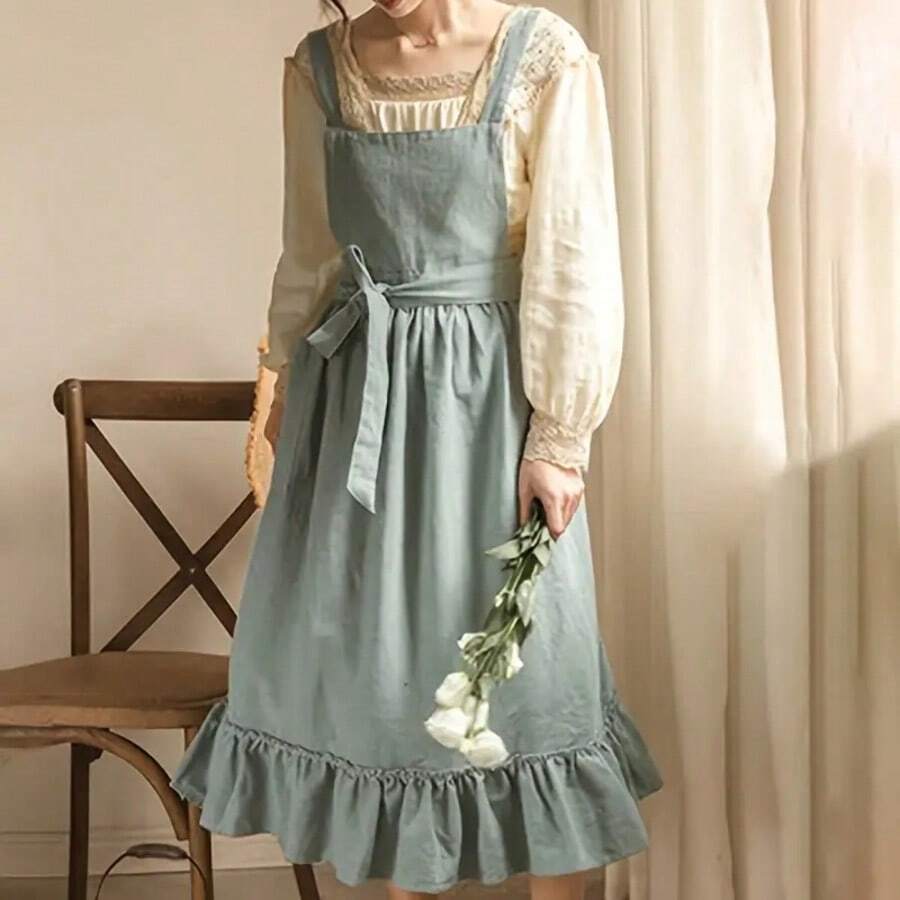 1pc Vintage European Apron Artistic Florist Design Ruffled Hem Kitchen Baking Apron Solid Color With Nordic Style For Homewear Florist Wedding - Multicolor - View 1