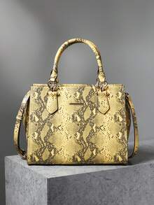 Stylish Crocodile Pattern Snake Pattern Embossed Women's Handbag - Versatile Crossbody & Handbag With Adjustable Strap, Zip Closure & Wrist Strap, Lightweight For Everyday Use, Fashionable Handbag | Detachable Strap - Yellow - View 1