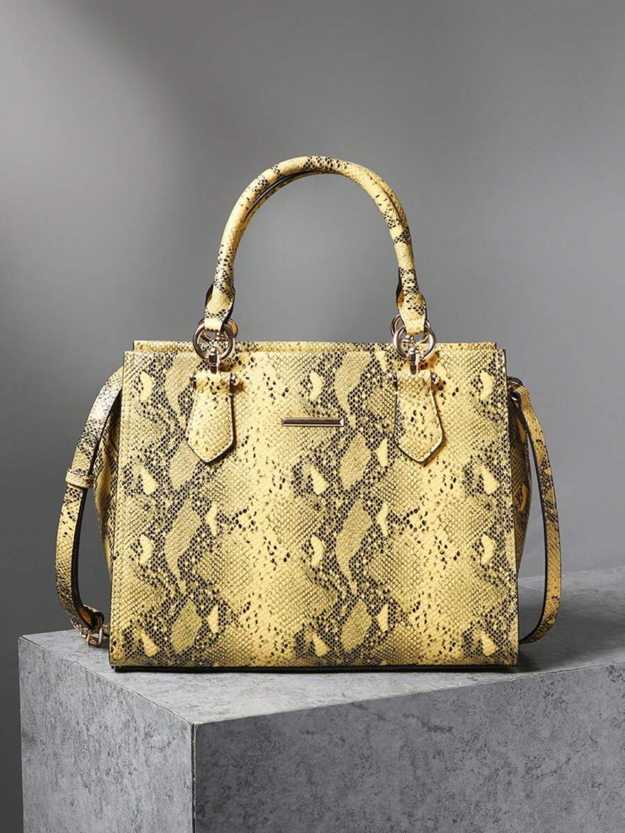Stylish Crocodile Pattern Snake Pattern Embossed Women's Handbag - Versatile Crossbody & Handbag With Adjustable Strap, Zip Closure & Wrist Strap, Lightweight For Everyday Use, Fashionable Handbag | Detachable Strap - Yellow - View 1
