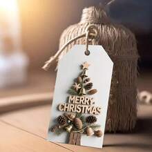 48 szt. rustykalnych, rustykalnych, wiejskich etykiet prezentowych z konopnej liny – elegancka faktura słojów drewna z wycięciami w kształcie szyszki i dzwonka, świąteczne kokardy i sznurek do pakowania prezentów, ozdoby choinkowe, świąteczne rękodzieło – beżowe/brązowe etykiety papierowe z białym tłem, trwałe i łatwe do pisania, vintage'owe etykiety prezentowe, etykiety prezentowe dla zwierząt na Boże Narodzenie, etykieta prezentowa, świąteczne etykiety prezentowe ze zwierzętami, sezonowy wystrój domu