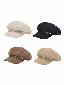 1 szt. damski beret w jednolitym kolorze, elegancki brytyjski styl, modna, uniwersalna, swobodna czapka malarza, vintage'owy kapelusz gazeciarza ze skórzaną klamrą, odpowiedni do noszenia na ulicy, spotkań towarzyskich, wydarzeń artystycznych i kulturalnych, dojazdów do pracy