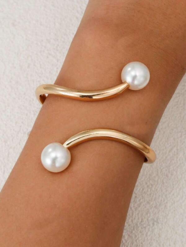 1pc Gold Pearl Snake Cuff Hinged Bracelet For Women, Fashion Simple Gold Snake Faux Pearl Bracelet, Party Decoration, Jewelry Gift, Birthday Gift
