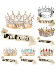 2 pièces/set Ensemble de couronne de strass en forme de larme pour anniversaire, couronne dorée reine d'anniversaire avec bretelle, accessoires pour cheveux joyeux anniversaire pour femmes, décorations de fête