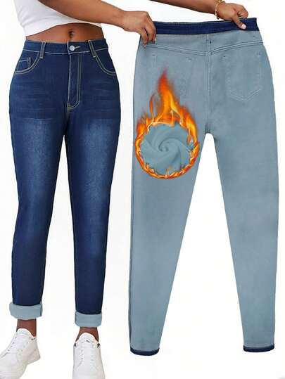 Women's Fall/Winter Fleece Denim Stretch Leggings, Comfortable And Warm For Going Out, Denim Trousers, Women's Halloween Costumes