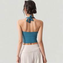Women's Halter Neck Fitted Crop Top With Soft Stretch Fabric And Contoured Waist - Màu xanh ngọc - Xem 5